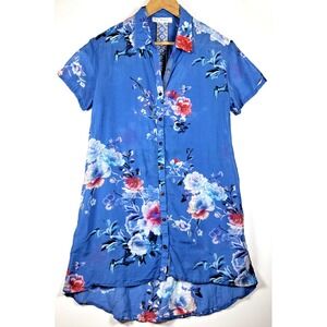 3J Workshop Johnny Was Tunic Top Small Blue Silk Cotton Floral Button Front